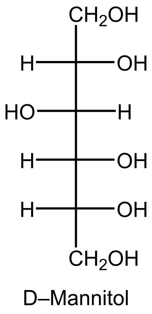Fischer projection of D-Mannitol showing hydroxyl and hydrogen groups on a six-carbon chain sugar alcohol.