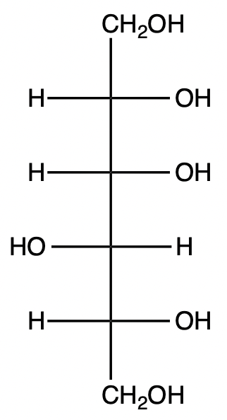 Structural formula of D-gulitol, a sugar alcohol derived from D-sorbose.