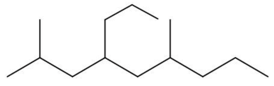 Skeletal structure of a nonane chain with methyl groups on carbons 2 and 6 and a propyl group on carbon 4.