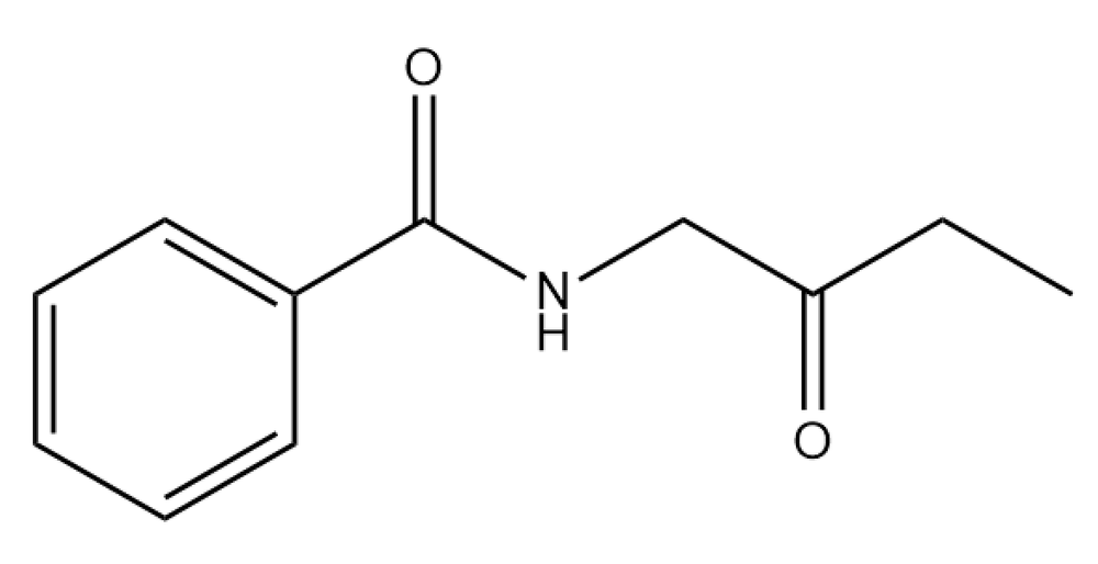 Chemical structure showing aromatic, amine, and ketone functional groups.