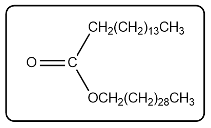 Structure of myricyl palmitate, a long-chain fatty acid ester with 46 carbon atoms.