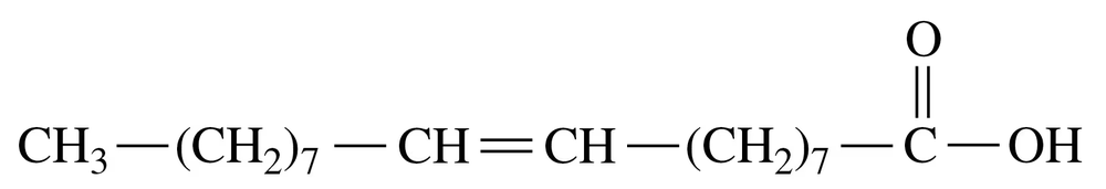 Chemical structure of a fatty acid, showing carbon chains and functional groups, indicating its classification.