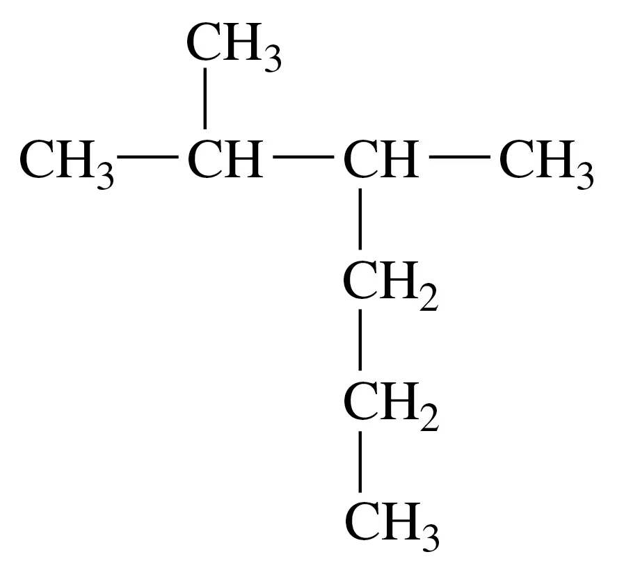 Structural formula of an alkane with multiple substituents, showing carbon and hydrogen atoms in a branched arrangement.
