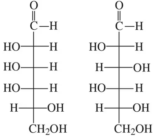 Fischer projections of two carbohydrate pairs, illustrating their relationships as isomers or enantiomers.