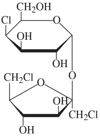 Structure of sucralose, a chlorinated disaccharide of galactose and fructose, highlighting its glycosidic bond.