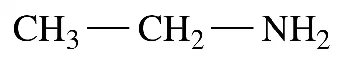 Structural formula of propylamine, showing CH3-CH2-NH2, indicating its chemical composition.