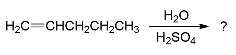 Chemical equation for hydration reaction of an alkene with water and sulfuric acid.