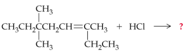 Chemical equation showing a reaction involving a hydrocarbon and hydrochloric acid, with a question mark indicating an unknown product.