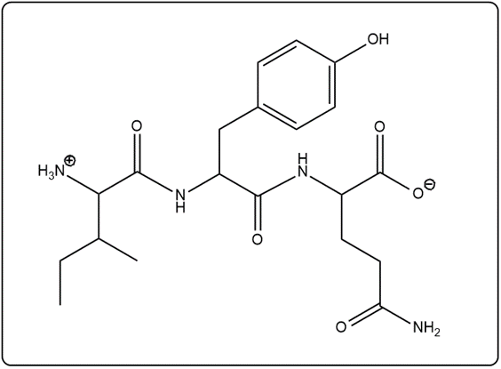 Skeletal structure of the peptide IYQ with an amine group at the end.