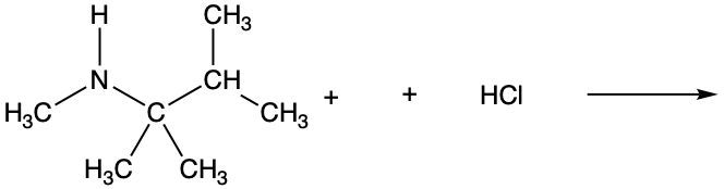 Chemical reaction of an amine with HCl, showing reactants and products.