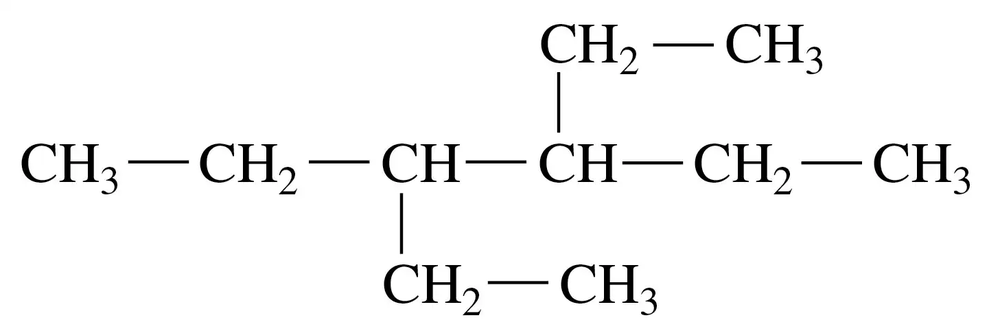 Structural formula of an alkane with multiple substituents, showing carbon and hydrogen atoms connected by bonds.
