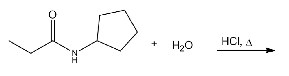 Chemical reaction showing amide hydrolysis with water and HCl.