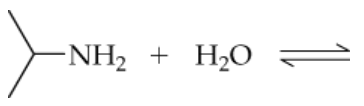 Chemical equation showing the reaction of an amine with water, indicating a reversible process.
