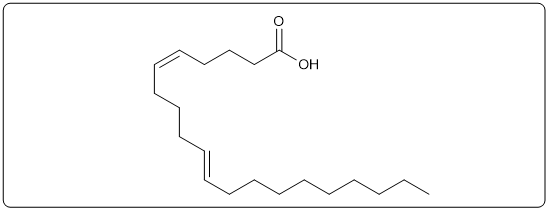 Structure of a 20-carbon unsaturated fatty acid with double bonds and a hydroxyl group, showing a bent shape.