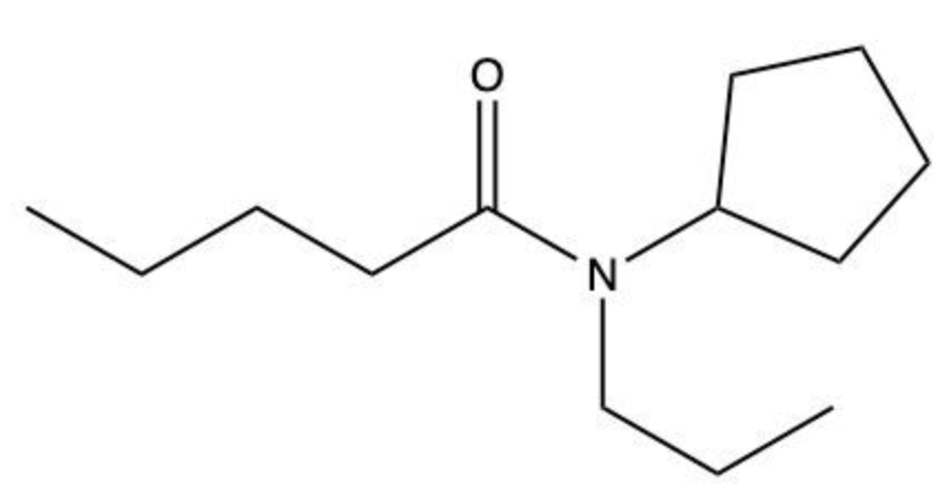 Line drawing of an amide molecule with a five-carbon chain, a cyclopentyl group, and a propyl group attached to nitrogen.