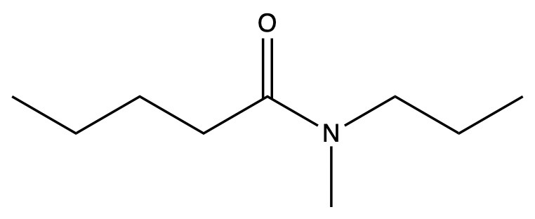 Chemical structure of N-ethyl-N-methylpentanamide for IUPAC naming exercise.