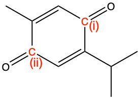 Chemical structure showing two carbonyl groups labeled (i) and (ii) for ketone identification.