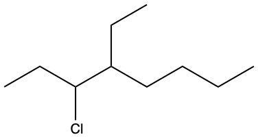 Chemical structure of 3-chloro-4-butylhexane, an alkyl halide.