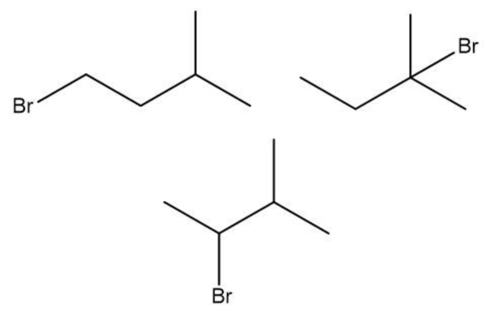 Three structural formulas of branched alkanes showing different positions of a bromine substituent on the carbon chain.