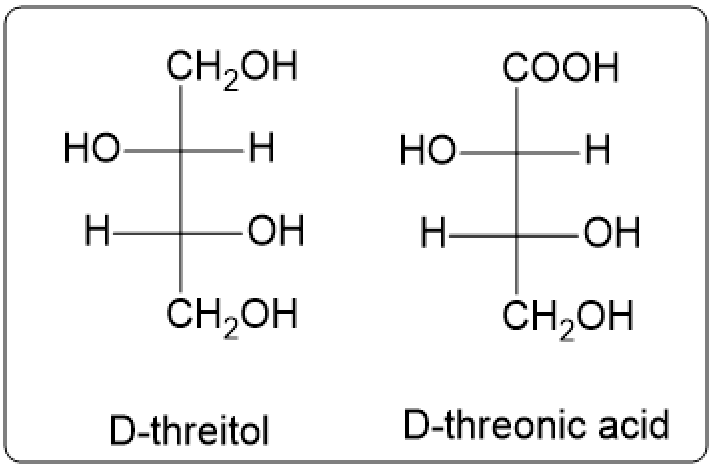 Fischer projections of D-threose reduction products: D-threitol and D-threonic acid.
