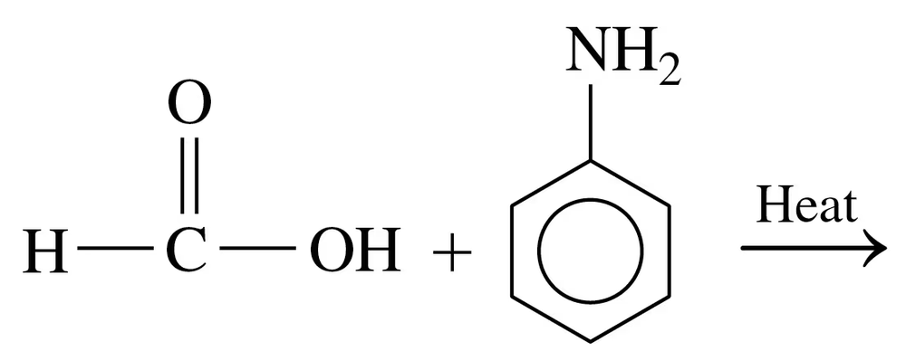 Condensed structural formulas showing the reaction of a carboxylic acid and an amine with heat to form an amide.