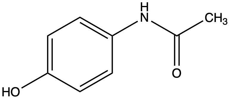 Chemical structure of paracetamol showing functional groups: amine and carboxylic acid.