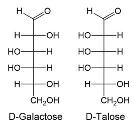 Structural formulas of D-Galactose and D-Talose, highlighting their differences in chirality.