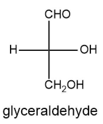 Structural formula of glyceraldehyde, an aldotriose, with labeled functional groups.