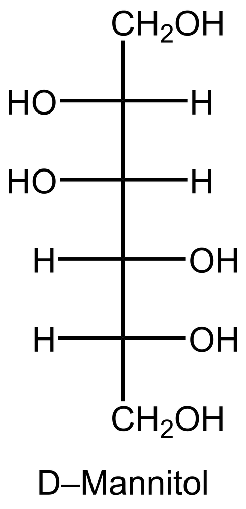 Fischer projection of D-Mannitol showing hydroxyl and hydrogen groups on a six-carbon chain sugar alcohol.