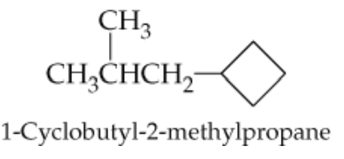 Incorrect naming of a cyclic alkane structure with a label indicating "1-Cyclobutyl-2-methylpropane."