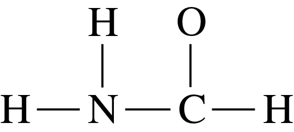 Lewis dot structure showing hydrogen, nitrogen, carbon, and oxygen atoms with bonds represented by lines.