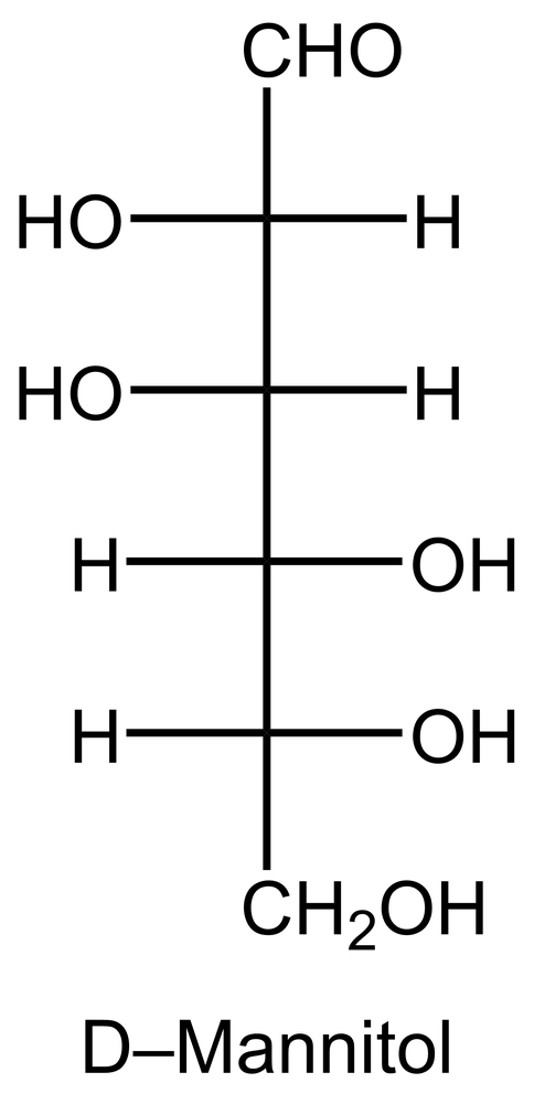 Fischer projection of D-Mannitol showing hydroxyl groups and hydrogen atoms on a six-carbon chain sugar alcohol.