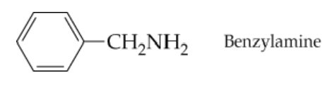 Structure of benzylamine with its chemical formula and name displayed alongside.