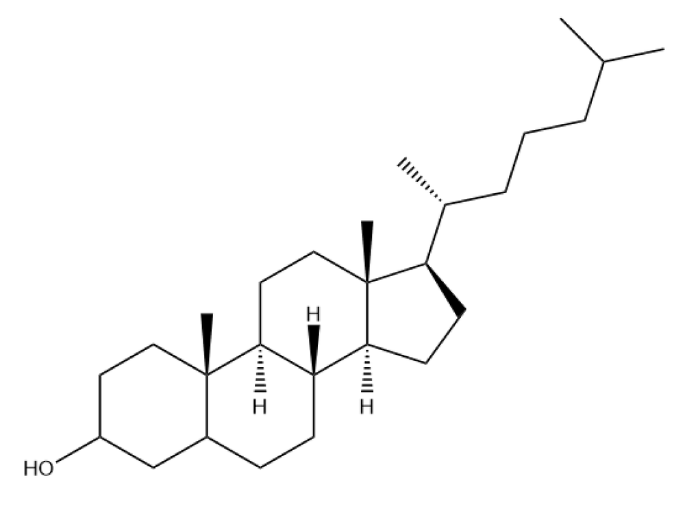 Cholesterol structure with errors: missing OH, extra CH2, missing double bond, extra fused ring.