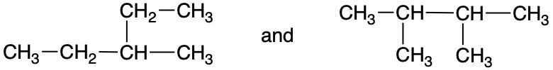 Two structural formulas of molecules to determine if they are structural isomers.