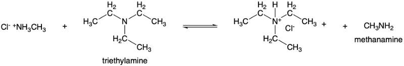 Chemical reaction showing triethylamine and methanamine with equilibrium arrows.