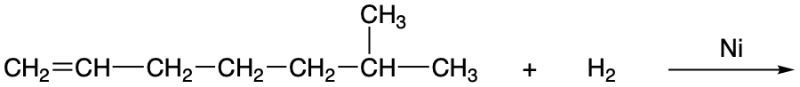 Chemical structure showing hydrogenation of an alkene with Ni catalyst.