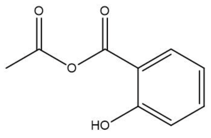 Structural formula of aspirin showing an ester group formed from ethanoic acid and salicylic acid condensation.