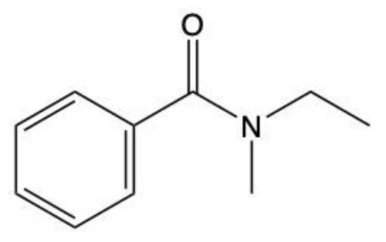 Structural formula of an amide with a benzene ring attached to a carbonyl group bonded to a nitrogen with ethyl and methyl groups.