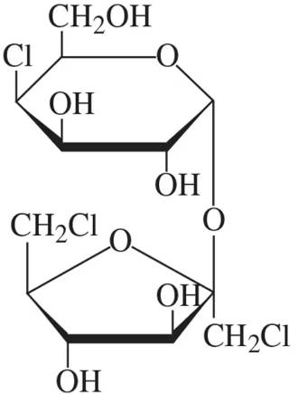 Structure of sucralose, a chlorinated disaccharide of galactose and fructose, with units labeled for identification.