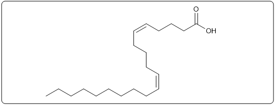 Structure of a linear 20-carbon unsaturated fatty acid with a hydroxyl group, featuring double bonds.