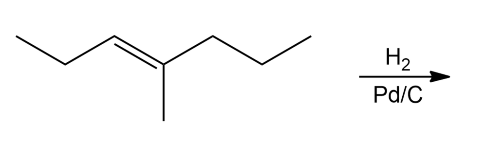 Chemical structure of (E)-4-methylhept-3-ene with hydrogenation conditions using Pd/C catalyst.