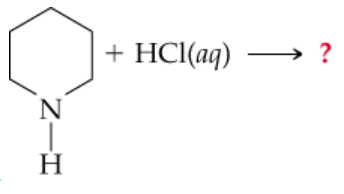 Chemical equation showing a cyclic amine reacting with hydrochloric acid, with a question mark indicating an incomplete reaction.