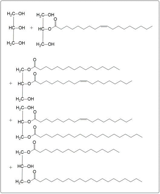 Hydrolysis reaction of triacylglycerol with multiple hydroxyl groups.