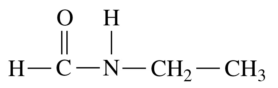 Structural formula of an amide showing carbon, nitrogen, and oxygen atoms with hydrogen and alkyl groups attached.