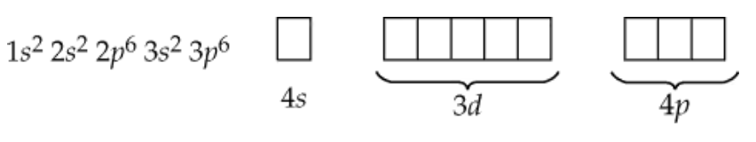 Electron configuration diagram for arsenic, showing filled and partially filled orbitals.