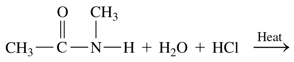 Condensed structural formula showing amide hydrolysis with products: CH3, H2O, and HCl, with heat applied.