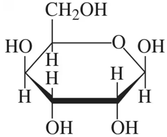 Cyclic structure of a monosaccharide with labeled hydroxyl groups and a CH2OH group, indicating anomer identification.