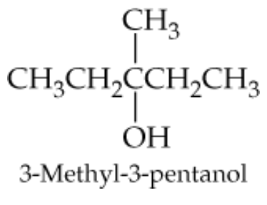 Structural formula of 3-methyl-3-pentanol with labels for its components.