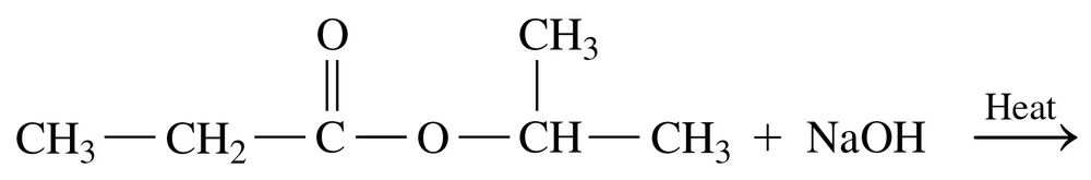 Condensed structural formula showing ester reaction with sodium hydroxide and heat, indicating saponification process.